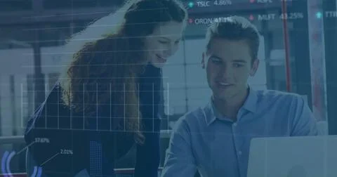 Financial data processing image over business colleagues discussing work in Stockfoto's