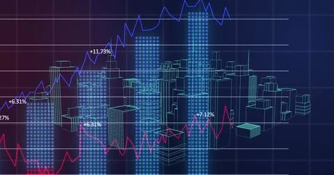Financial data processing over 3d model of cityscape. Stock Illustration
