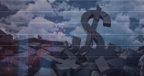 Financial data processing over broken dollar symbol against clouds in the blue イラスト素材