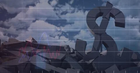 Financial data processing over broken dollar symbol against clouds in the blue Stock Illustration