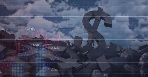 Financial data processing over broken dollar symbol against clouds in the blue Stock Illustration