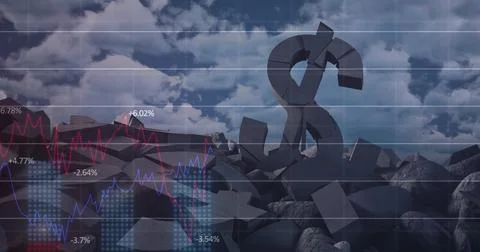 Financial data processing over broken dollar symbol against clouds in the blue Stock Illustration