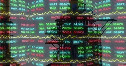 Financial data processing over chimneys of factory in background. Illustrazione stock