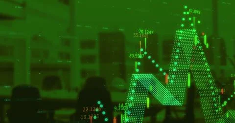 Financial data processing over empty office against green background Stock Photos