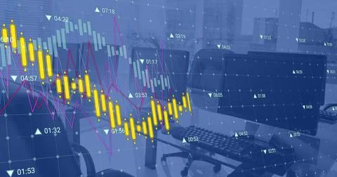 Financial data processing over empty office Stock Photos