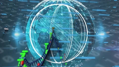 Financial data processing over globe of network of connections and binary coding Stock Footage 328082546