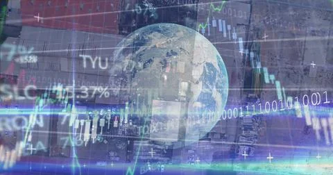 Financial data processing over globe against urban industrial site Stock Illustration