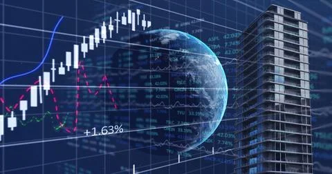Financial data processing over globe and tall buildings against blue background Illustrazione stock