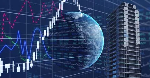 Financial data processing over globe and tall buildings against blue background 스톡 일러스트