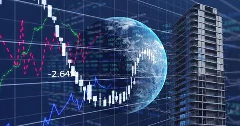 Financial data processing over globe and tall buildings against blue background イラスト素材