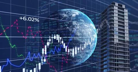 Financial data processing over globe and tall buildings against blue background Stock Illustration