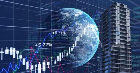 Financial data processing over globe and tall buildings against blue background Illustrazione stock