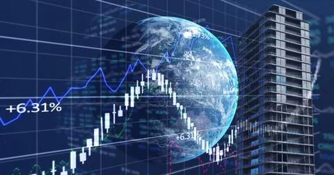 Financial data processing over globe and tall buildings against blue background Stock Illustration