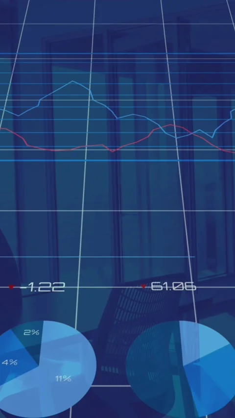 Financial data processing over grid network against empty office in background Stock Footage 331646720