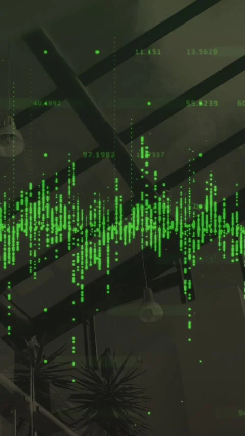 Financial data processing over grid network against empty office in background Stock Footage 341658347