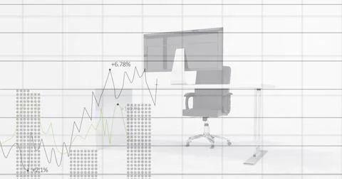 Financial data processing over grid network against empty office in background Stockillustratie