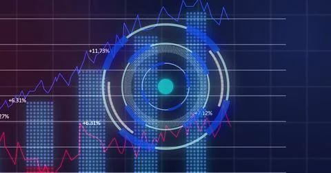 Financial data processing over grid networking against neon round scanner on 스톡 일러스트