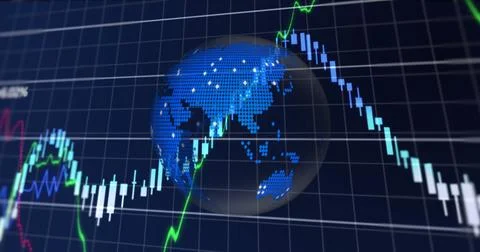 Financial data processing over grid network against spinning globe icon on .. Stock Photos