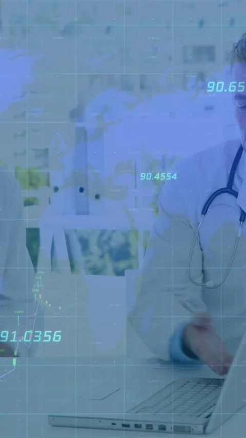 Financial data processing over group of diverse doctors and health workers Stock Footage 343504017
