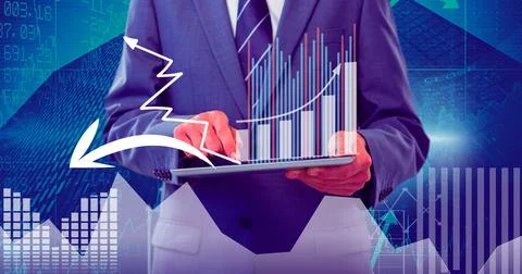 Financial data processing over man using tablet Stock Photos