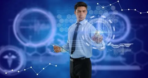 Financial data processing over man using interactive digital screen Stock Photos