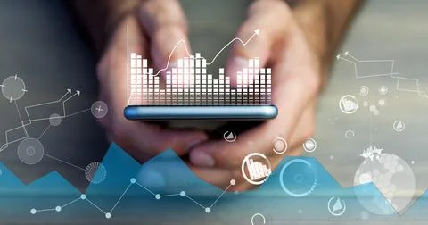 Financial data processing over man using smartphone Stock Photos