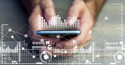 Financial data processing over man using smartphone 스톡 사진