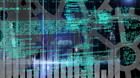 Financial data processing over multiple settings icons against blue background Stock Footage 153286762