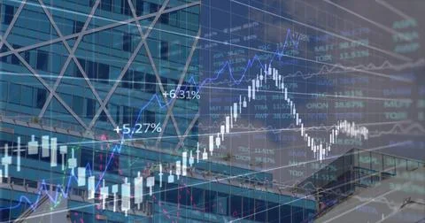 Financial data processing over office buildings and modern cityscape. Stock Illustration