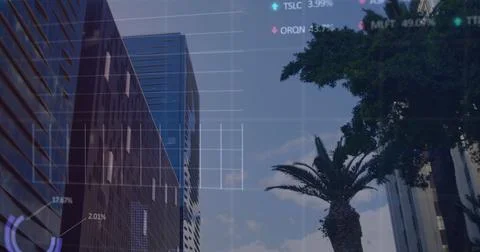 Financial data processing over office buildings and modern cityscape. Stock Photos