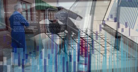 Financial data processing over person using laptop against delivery man 스톡 사진