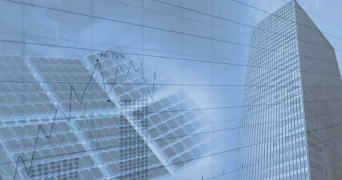 Financial data processing over solar panel against tall buildings Vidéo 150224692