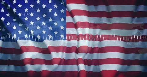 Financial data processing over waving American flag image Stock Illustration