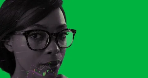 Financial data processing over woman against black background Stock Footage 324845682