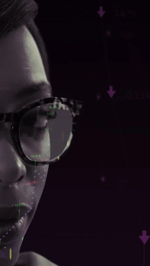 Financial data processing over woman in glasses against black background Stock Footage 348636492