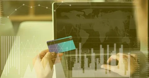 Financial data processing over woman holding credit card and using computer Stock Photos