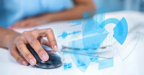 Financial data processing over woman using computer 스톡 사진