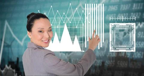 Financial data processing over woman using interactive digital screen Stock Photos