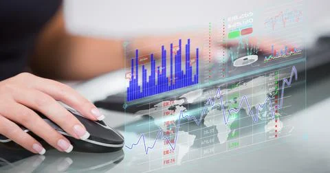 Financial data processing over woman using computer 写真素材