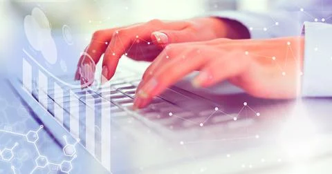 Financial data processing over woman using computer Foto stock