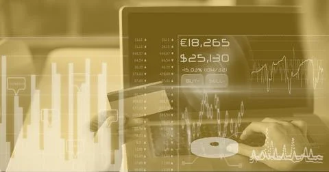 Financial data processing over woman holding credit card and using laptop 스톡 사진