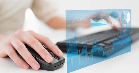 Financial data processing over woman using computer Foto stock