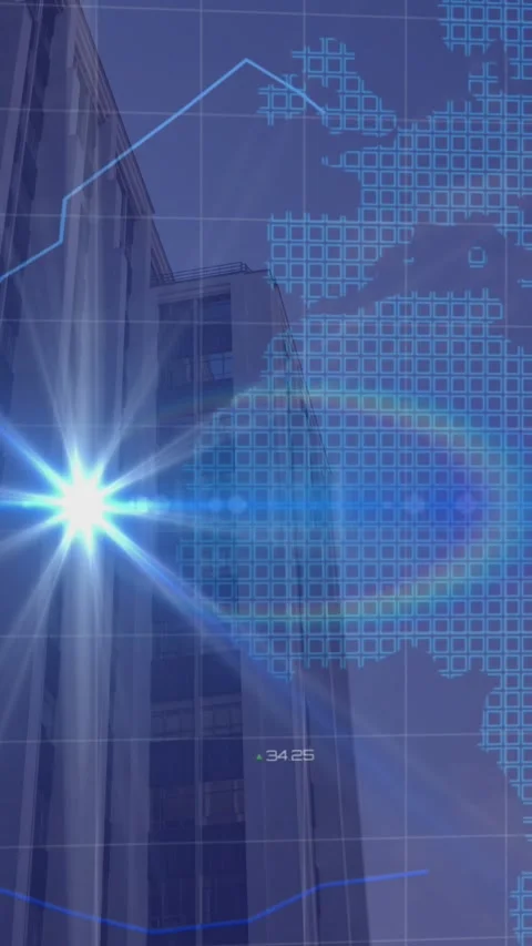 Financial data processing over world map against tall buildings in background Stock Footage 331718176