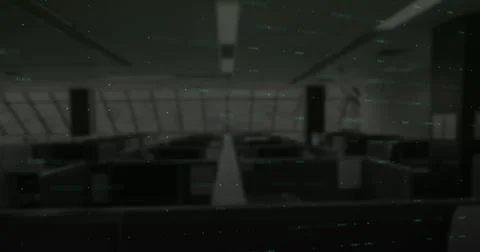 Financial data processing over world map against empty office in background Stock Illustration