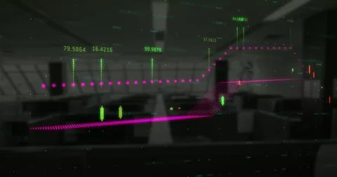 Financial data processing over world map against empty office in background Stockillustratie