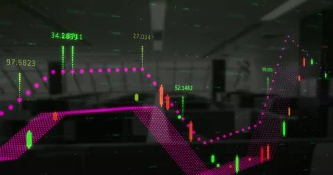 Financial data processing over world map against empty office in background Stock Illustration