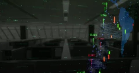 Financial data processing over world map against empty office in background Stock Illustration