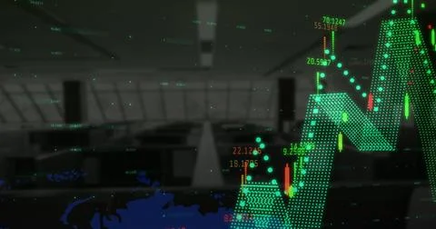 Financial data processing over world map against empty office in background 스톡 일러스트