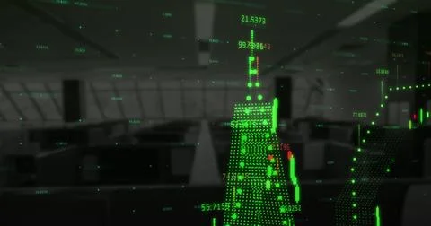 Financial data processing over world map against empty office in background Stock Illustration