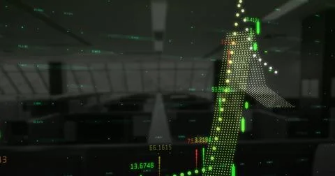 Financial data processing over world map against empty office in background Stock Illustration